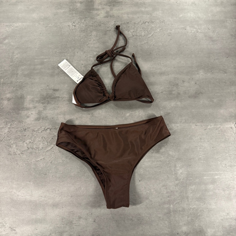 SHEIN Bikini Set Womens XS Triangle Halter High Leg Brown Solid NEW